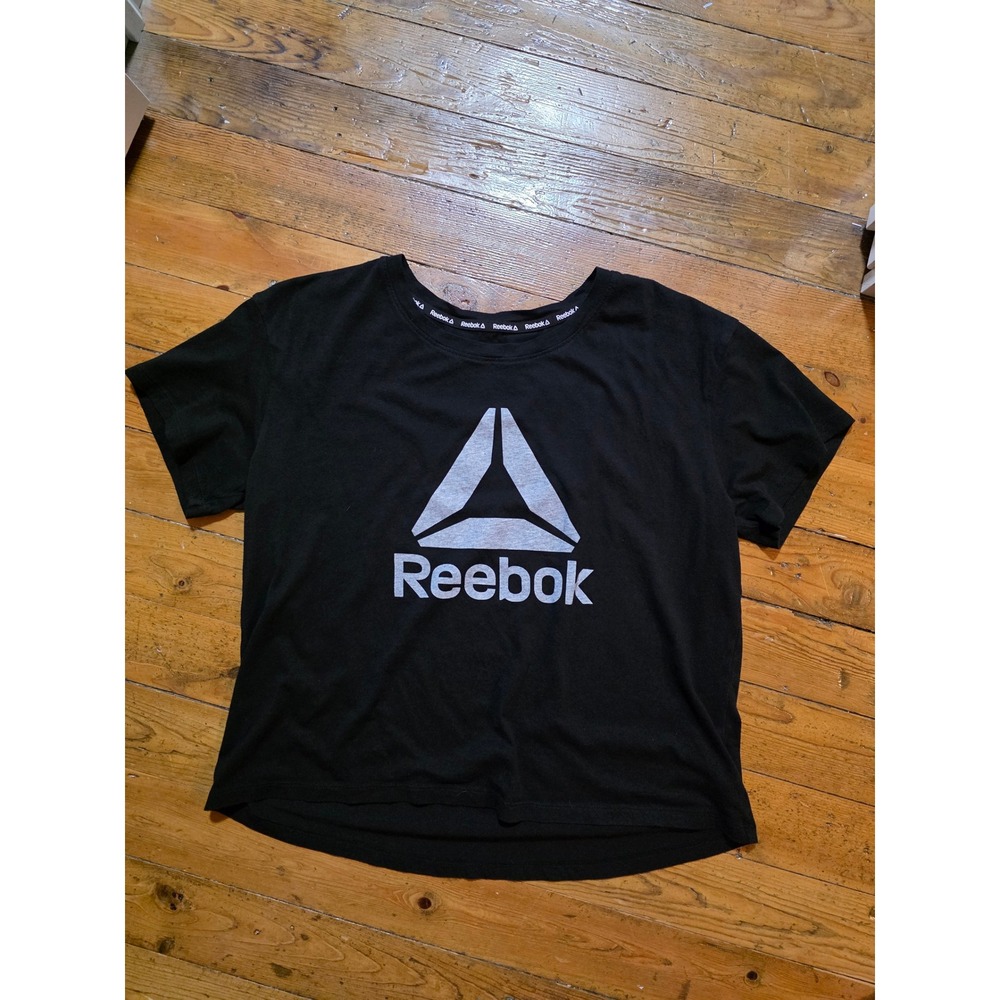 Reebok Womens Delta Logo Graphic T-Shirt‎ Black Silver Crew Neck Large L